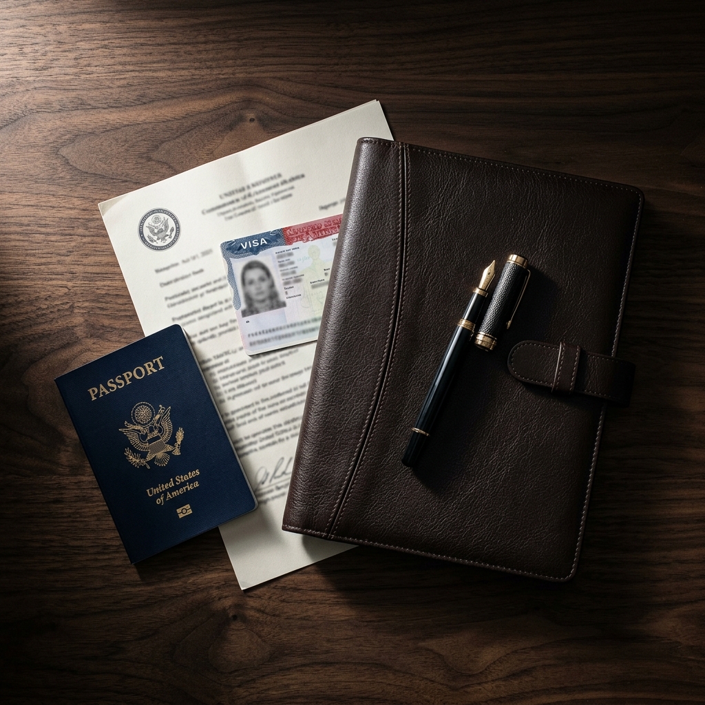 Passaporte americano, visto e documentos consulares em mesa executiva